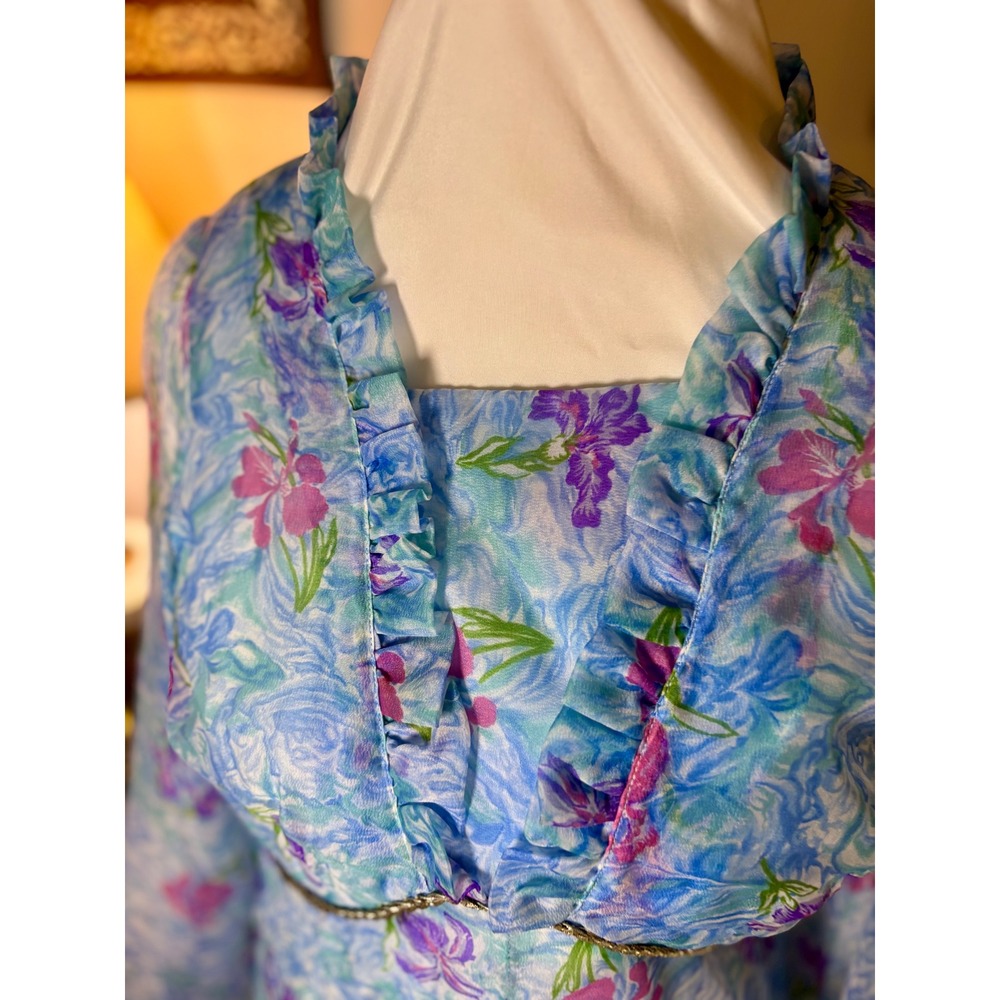 Vintage‎ 60s Mad Men flower Dress Set, Sheer Layered Gown Bell Sleeve S/M - Picture 10 of 16